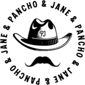 The image depicts a circular logo with a hat and mustache in the center, surrounded by the repeated text "JANE & PANCHO," and the initials "PJ" on the hat.