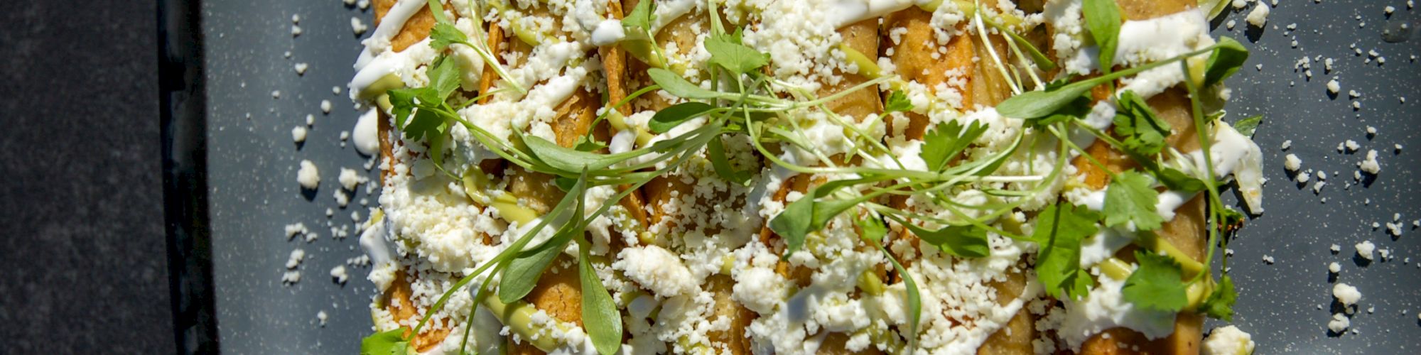 A plate of stuffed taquitos drizzled with sauce, topped with cheese and fresh herbs, served on a dark rectangular dish.